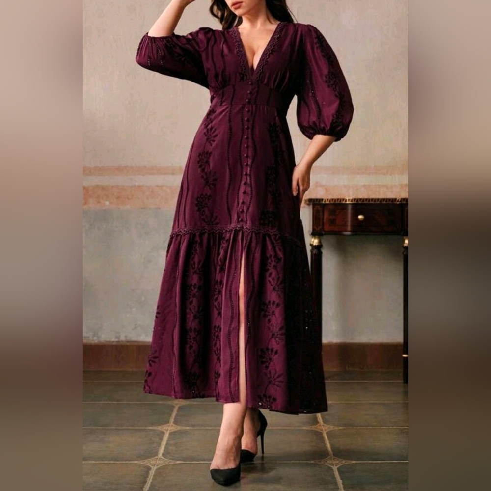 New Cottage Embroidered Eyelet Lace Button Trim Long Dress PLUS Wine Red